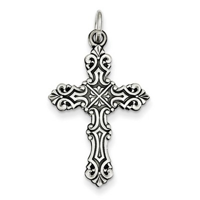 Baroque-Style Scrollwork Cross Necklace, Sterling Silver