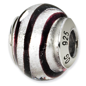Silver and Black Striped Murano Glass and .925 Sterling Silver Bead