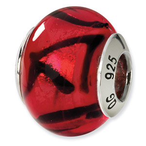 Rad and Black Abstract Murano Glass and .925 Sterling Silver Bead