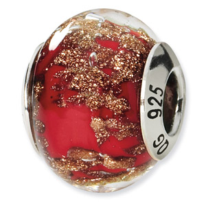 Red and Gold Murano Glass and .925 Sterling Silver Bead