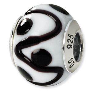 White and Black Murano Glass and .925 Sterling Silver Bead