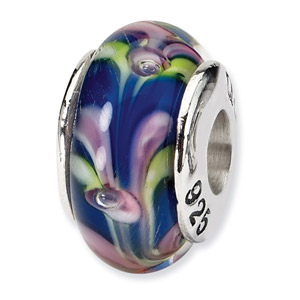 Blue and Pin Floral Hand Blown Glass and .925 Sterling Silver Bead