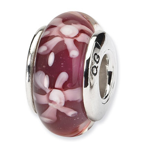 Sterling Silver Purple Floral Hand-blown Glass Bead