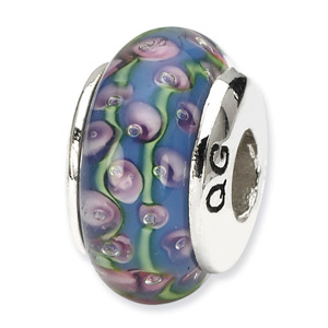 Blue with Pink Floral Murano Glass and .925 Sterling Silver Bead