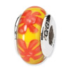Yellow and Orange Floral Hnad Blown Glass and .925 Sterling Silver Bead