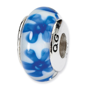 Blue Floral Murano Glass and .925 Sterling Silver Bead
