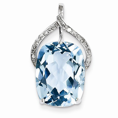 Large 16x12mm Bue Topaz and Diamond Pendant in 14K White Gold
