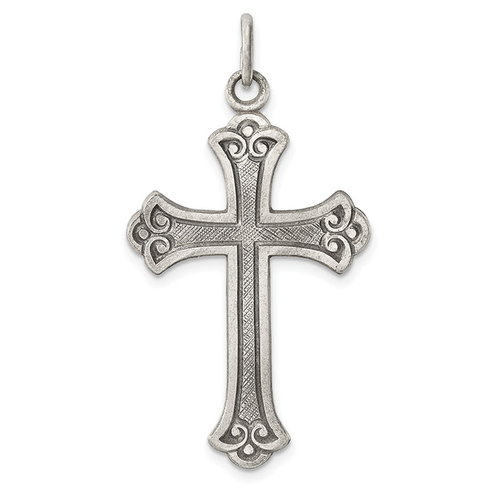 Stylized and Antiqued Budded Scroll Cross, Sterling Silver