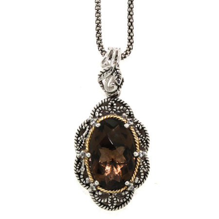 Antiqued Smoky Quartz and Diamond Sterling Silver Pendant with 18K Gold Accent