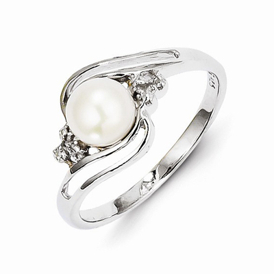 6mm Freshwater Cultured Button Pearl & Diamond Ring, Sterling Silver