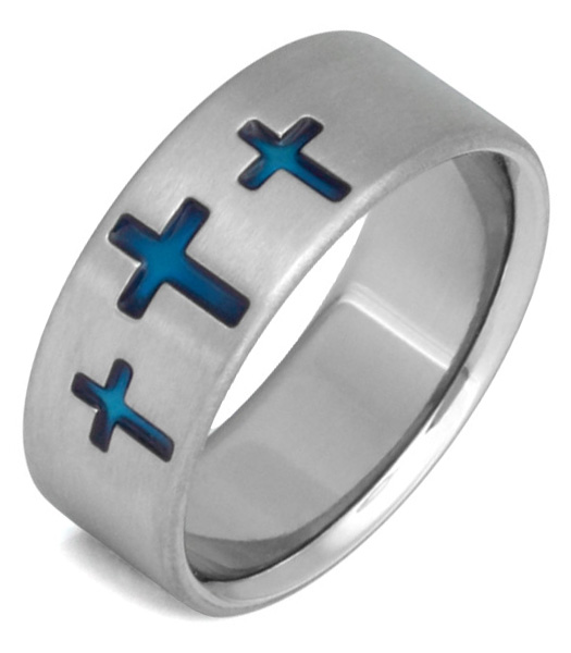 Blue Cross Titanium Wedding Band Ring