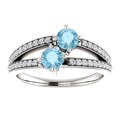 4mm Round Aquamarine and CZ 2 Stone Ring in Sterling Silver