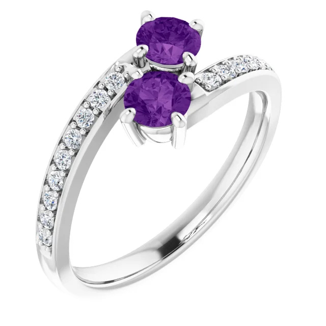 Amethyst Two Stone Ring with Diamond Accents in 14K White Gold