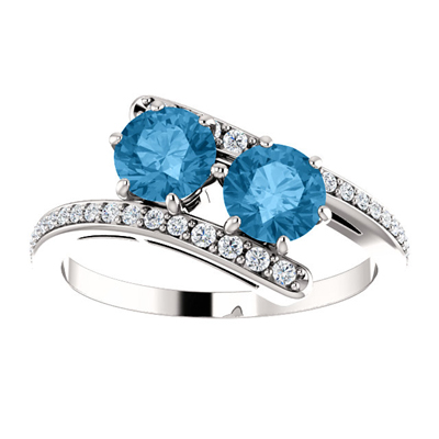 Blue Topaz 2 Stone and Diamond Ring in 14K White Gold