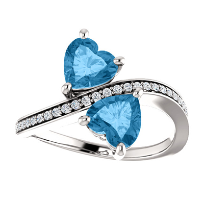 Blue Topaz Heart Cut Two Stone Ring in 14K White Gold