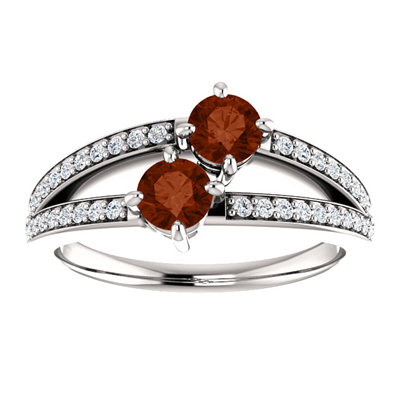 4mm Garnet Two Stone Ring with Diamond Accents in 14K White Gold