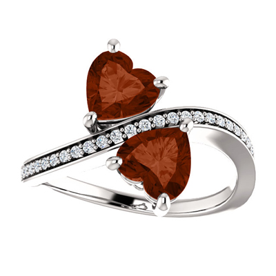 Heart Cut Garnet and Diamond 2 Stone Ring in 14K White Gold