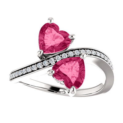 Heart Cut Pink Topaz Two Stone Ring in 14K White Gold