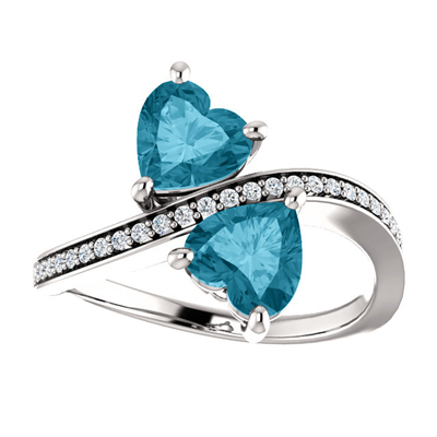 London Blue Heart Shaped 2 Stone Ring in 14K White Gold