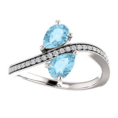 Pear Cut Aquamarine and Diamond Two Stone Ring in 14K White Gold