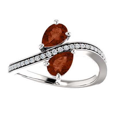 Pear Shaped Garnet and Diamond Two Stone Ring in 14K White Gold