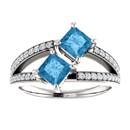 4.5mm Princess Cut Blue Topaz and Diamond 2 Stone Ring in 14K White Gold