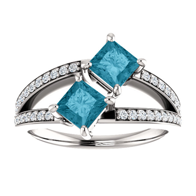 4.5mm Princess Cut London Blue Topaz and Diamond 2 Stone Ring in 14K White Gold