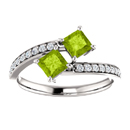 Princess Cut Peridot and CZ Two Stone Ring in Sterling Silver