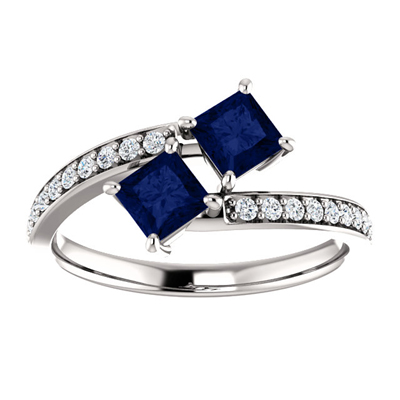 Princess Cut Sapphire and Diamond Two Stone Engagement Ring in 14K White Gold