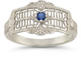 Vintage Filigree Sapphire Ring in 14K White Gold
