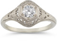 Antique-Style CZ Engagement Ring in 14K White Gold