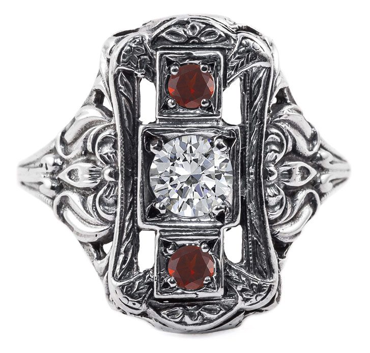 perzik Benodigdheden de jouwe Three Stone Victorian-Era Style Ruby and Diamond Ring, 14K White Gold