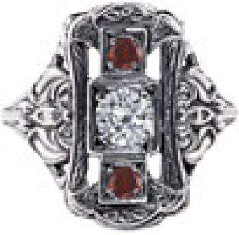 Victorian Style Ruby and Diamond Three Stone Vintage Ring, Sterling Silver 2