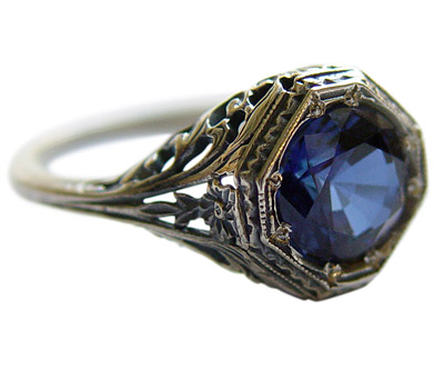 Design#215 Custom Made Silver Victorian Cardinal Prong Filigree Blue Sapphire Ring Solid Sterling Silver 30ct Simulated Blue Sapphire