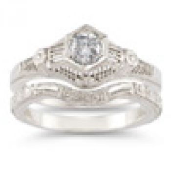 Vintage Flower 1/4 Carat Diamond Wedding Ring Set 3