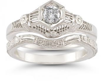 Vintage Flower 1/4 Carat Diamond Wedding Ring Set 2