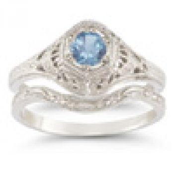 Antique-Style Blue Topaz Wedding Ring Set 3