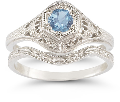 Antique-Style Blue Topaz Wedding Ring Set