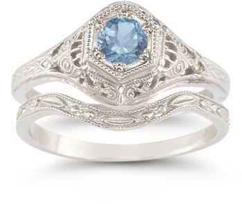 Antique-Style Blue Topaz Wedding Ring Set 2