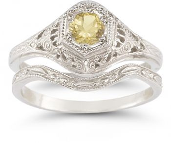 Antique-Style Citrine Wedding Ring Set 2