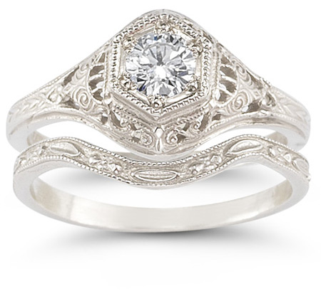 antique-style diamond engagement bridal wedding ring set