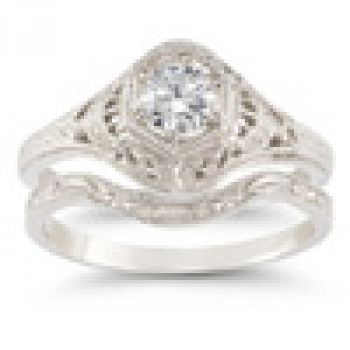 1800s 1 Carat Antique-Style Diamond Bridal Wedding Ring Set 4