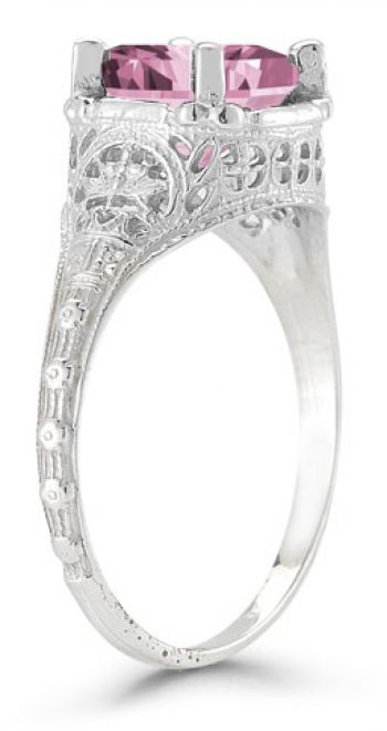 Antique-Style Floral Pink Topaz Ring in 14K White Gold 2