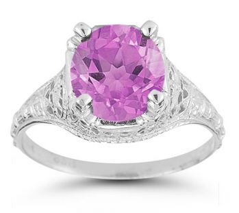 Antique-Style Floral Pink Topaz Ring in 14K White Gold 4