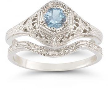 Antique-Style Aquamarine Wedding Ring Set 2