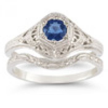 Antique-Style Sapphire Wedding Ring Set 3