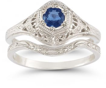 Antique-Style Sapphire Wedding Ring Set 2