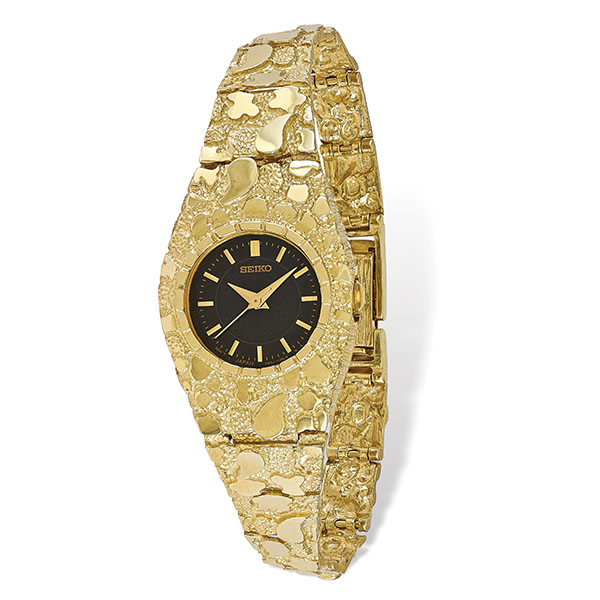 10K Gold Nugget Watch for Women with Black Dial