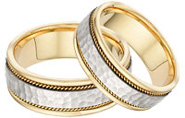 Brushed Hammered Wedding Band Set in 14K Two-Tone Gold