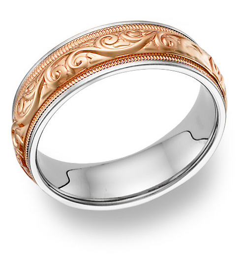 14K Rose and White Gold Paisley Inlay Wedding Band Ring